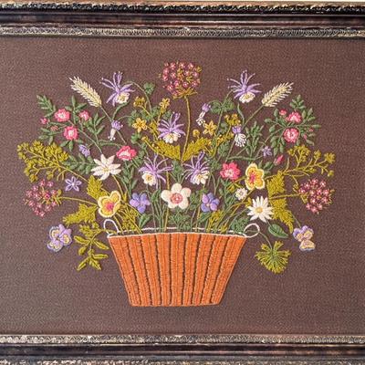 Vintage MCM Crewel Wild Flower Wall Art