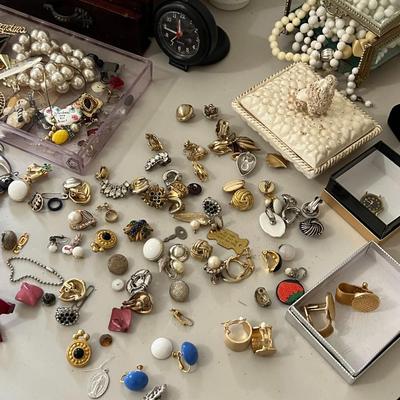 Jewelry Box w/ Assorted Costume Jewelry, Vintage Old Spice Bottles, and Pins Lot