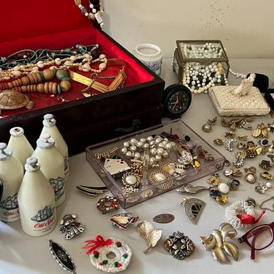 Jewelry Box w/ Assorted Costume Jewelry, Vintage Old Spice Bottles, and Pins Lot