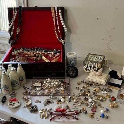 Jewelry Box w/ Assorted Costume Jewelry, Vintage Old Spice Bottles, and Pins Lot