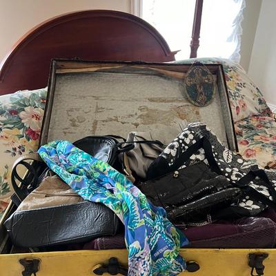 Vintage Yellow Suitcase Filled w/ Assorted Purses Lot