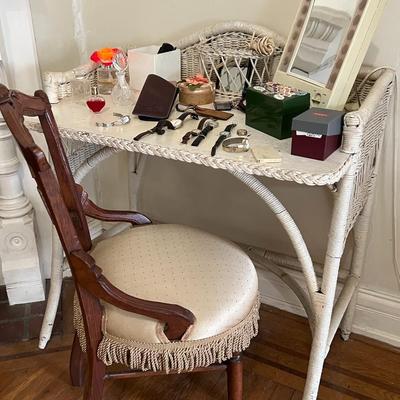 White Wicker Vanity, Chair, and Contents