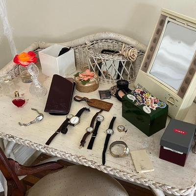 White Wicker Vanity, Chair, and Contents