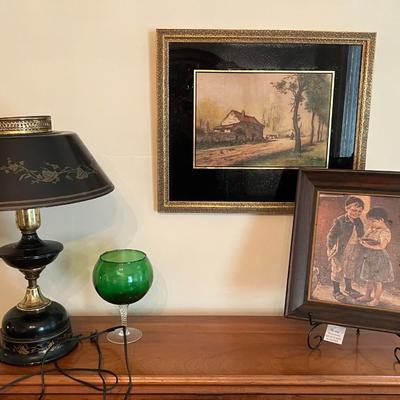 Vintage Black Toleware Table Lamp and Framed Paintings Lot