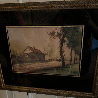Vintage Black Toleware Table Lamp and Framed Paintings Lot