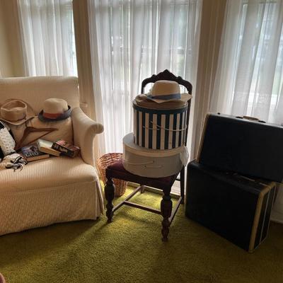 Cream Upholstered Sitting Chair, Hat Boxes, and Vintage Luggage Lot