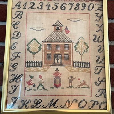 Framed Vintage Schoolhouse Cross Stitch