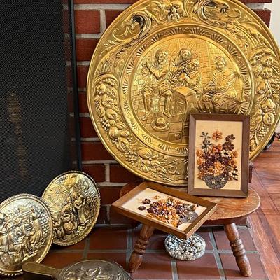 Vintage Brass Embossed Plates and Fireplace Bellow Lot