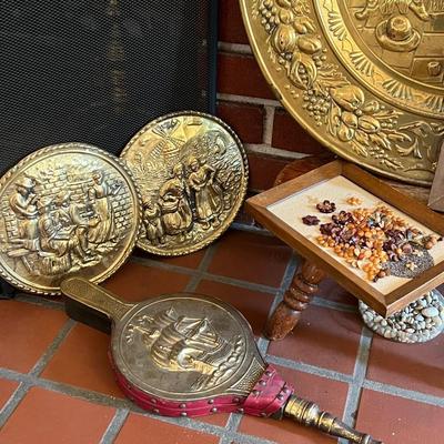 Vintage Brass Embossed Plates and Fireplace Bellow Lot