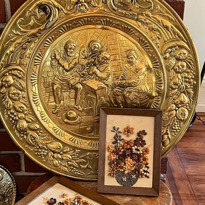 Vintage Brass Embossed Plates and Fireplace Bellow Lot