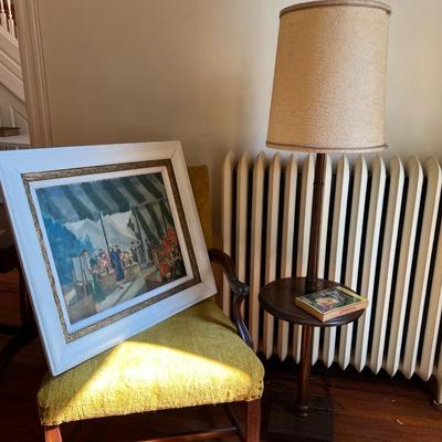 Framed Oil Painting, Antique Chair, and MCM Wood Lamp/Table