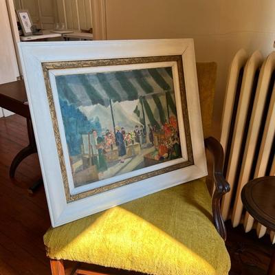 Framed Oil Painting, Antique Chair, and MCM Wood Lamp/Table