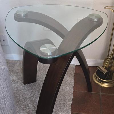 Glass Top Side Table with Curved Wood Base
