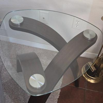 Glass Top Side Table with Curved Wood Base