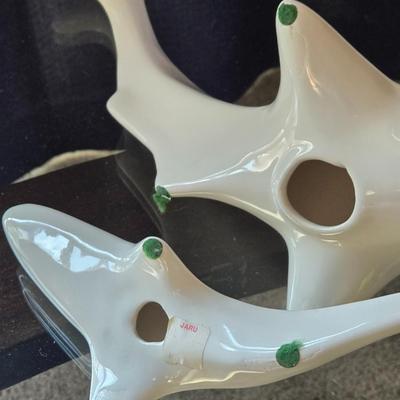 (2) Swimming White Glazed Ceramic Sharks