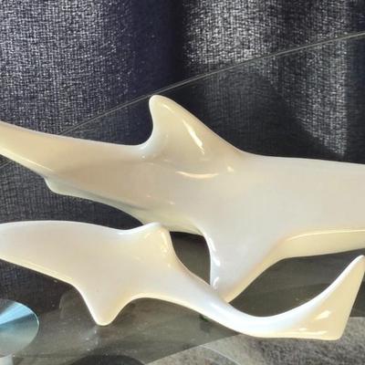(2) Swimming White Glazed Ceramic Sharks