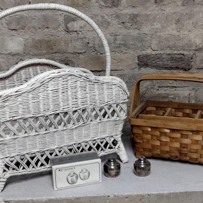 Vintage Wicker magazine holder, silverware basket and plated S & P