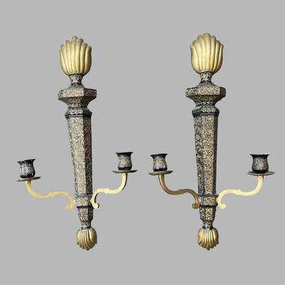 Pair of Etched Brass Two Arm Candle Sconces