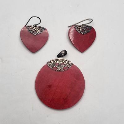 Sterling Silver & Coral Pendant and Earrings