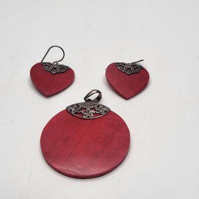 Sterling Silver & Coral Pendant and Earrings