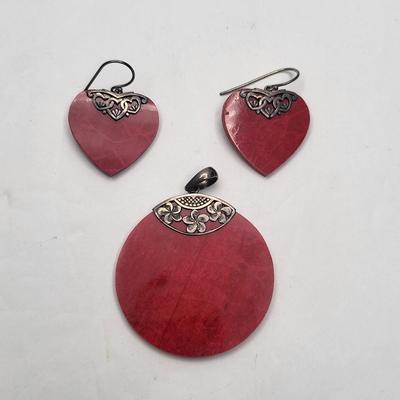 Sterling Silver & Coral Pendant and Earrings