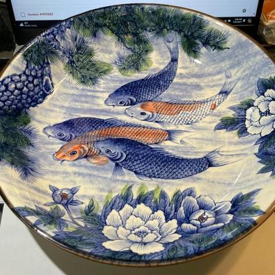 Japanese Mid-Century Modern Porcelain Koi Fishbowl 12.25" Diameter in VG Preowned Condition.