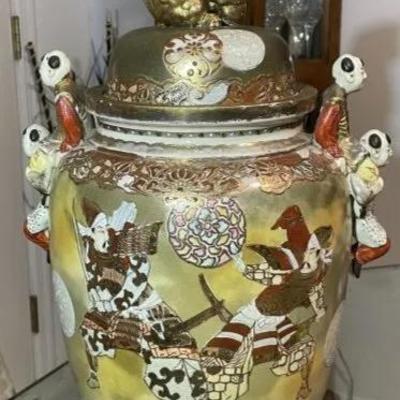 UNIQUE Japanese Satsuma Meiji Period Earthenware Footed Jar/Vase Samurai Warriors in Battle c1870 19" Tall Preowned from an Estate.