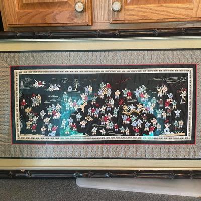 Vintage Chinese Silk Embroidery “100 Children Playing” Decorative Art Frame Size 17.75" x 31.50" (Artwork in Great Shape Frame...