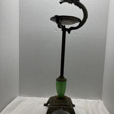 Antique metal dragon ashtray or bowl holder with Jadeite