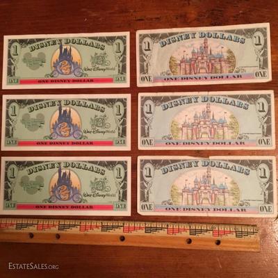 Six 1990's "DISNEY DOLLARS", Three 25th Anniv