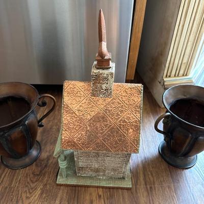 DECORATIVE CHURCH BIRD HOUSE AND 2 METAL VASES