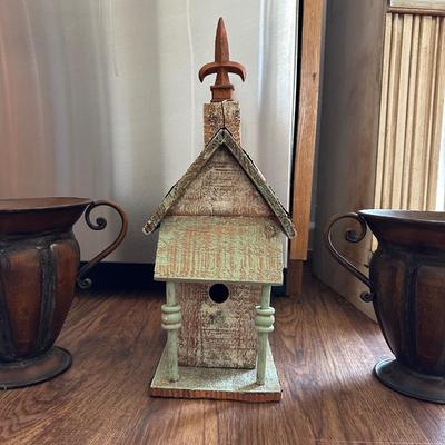 DECORATIVE CHURCH BIRD HOUSE AND 2 METAL VASES
