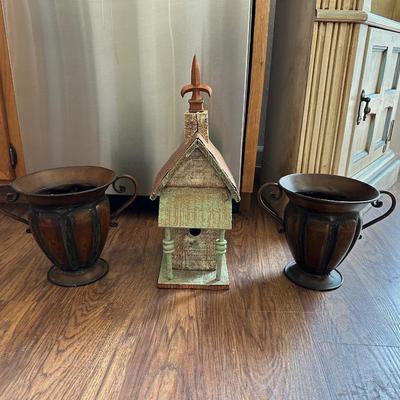 DECORATIVE CHURCH BIRD HOUSE AND 2 METAL VASES