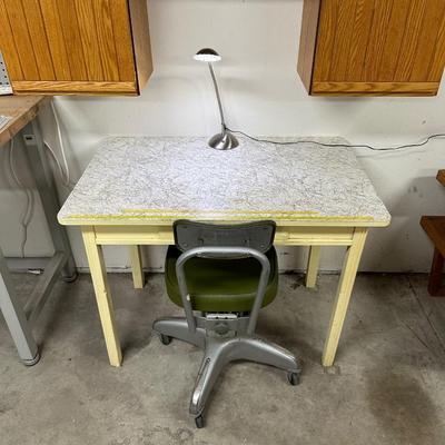 SMALL WORK TABLE WITH DRAWER, LAMP AND CHAIR ON CASTERS