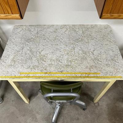 SMALL WORK TABLE WITH DRAWER, LAMP AND CHAIR ON CASTERS