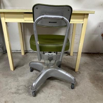 SMALL WORK TABLE WITH DRAWER, LAMP AND CHAIR ON CASTERS