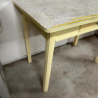 SMALL WORK TABLE WITH DRAWER, LAMP AND CHAIR ON CASTERS