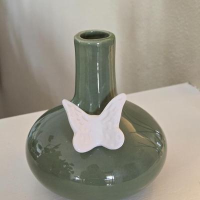 Green Ceramic Vase with A White Butterfly
