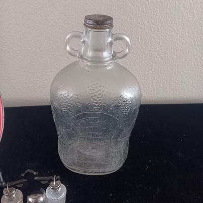 VINTAGE TIN AND BOTTLE, SALT/PEPPER SHAKERS AND CANDLE HOLDERS