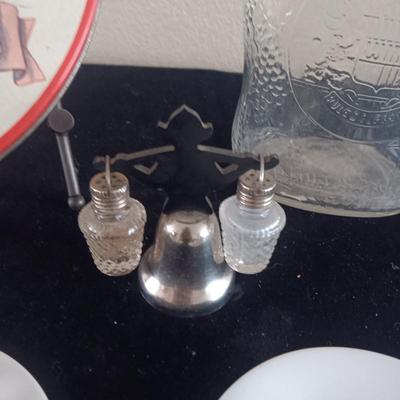 VINTAGE TIN AND BOTTLE, SALT/PEPPER SHAKERS AND CANDLE HOLDERS