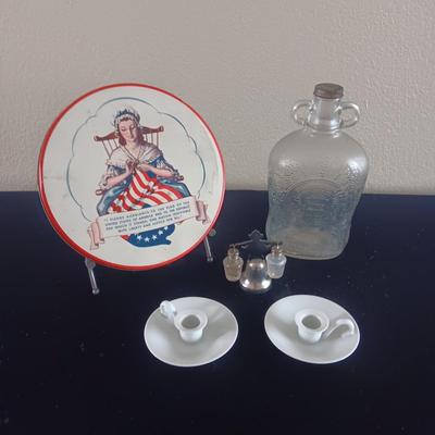 VINTAGE TIN AND BOTTLE, SALT/PEPPER SHAKERS AND CANDLE HOLDERS