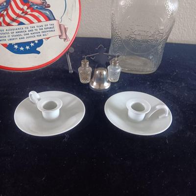 VINTAGE TIN AND BOTTLE, SALT/PEPPER SHAKERS AND CANDLE HOLDERS