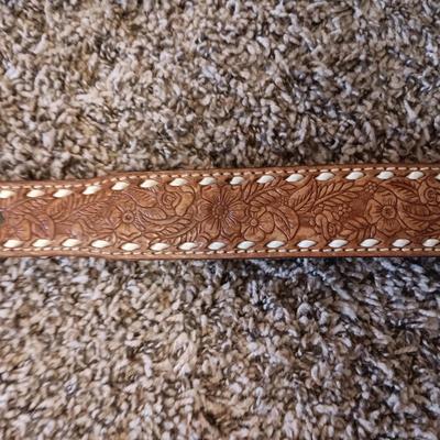 2 LEATHER BELTS WITH 2 MONTANA SILVERSMITH BELT BUCKLES