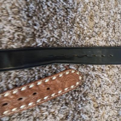 2 LEATHER BELTS WITH 2 MONTANA SILVERSMITH BELT BUCKLES