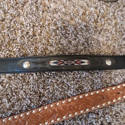 2 LEATHER BELTS WITH 2 MONTANA SILVERSMITH BELT BUCKLES