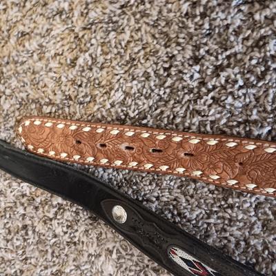 2 LEATHER BELTS WITH 2 MONTANA SILVERSMITH BELT BUCKLES