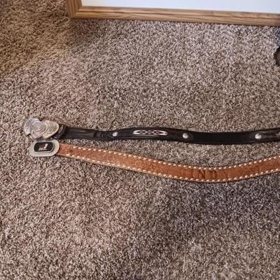 2 LEATHER BELTS WITH 2 MONTANA SILVERSMITH BELT BUCKLES