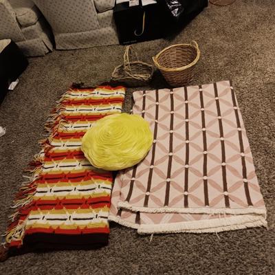 ROSE THROW PILLOW, CROCHETED THROW, TWIN SIZE BEDSPREAD AND BASKETS
