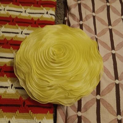 ROSE THROW PILLOW, CROCHETED THROW, TWIN SIZE BEDSPREAD AND BASKETS