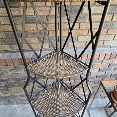 Foldable Wicker and Metal Corner Shelf or Plant Stand